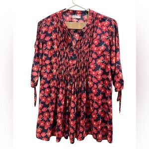 Thacker 100% Silk Pintuck Pleats 3/4 Sleeves Floral Tunic Dress Flowy Size XL